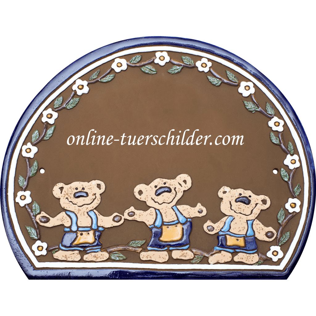 Türschild aus Keramik Drei Teddybären in Latzhosen personalisiert Braun