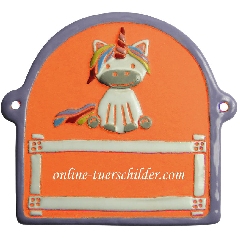 Türschild aus Keramik Einhorn,violetter Rand personalisiert Türschild Keramik Einhorn -  Terracotta 