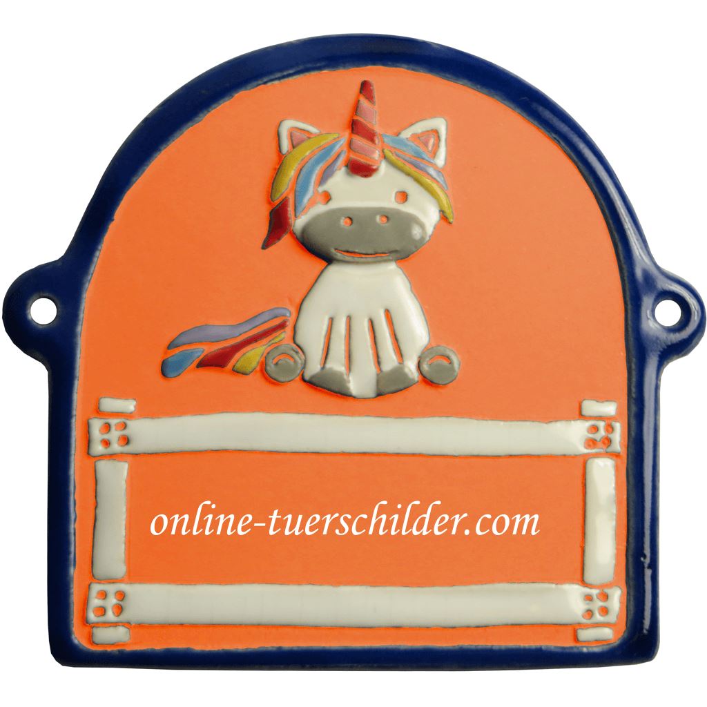 Türschild aus Keramik Einhorn, blauer Rand personalisiert Türschild Keramik Terracotta