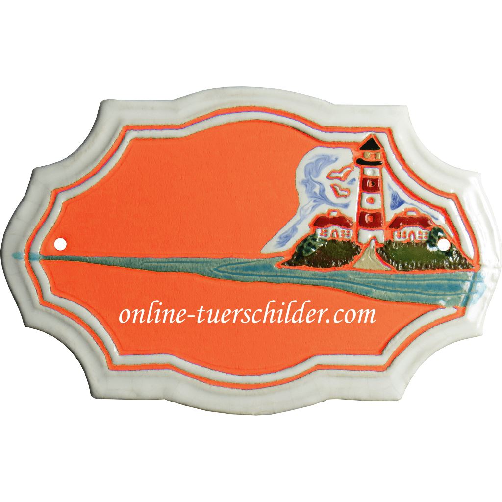 Türschild aus Keramik Motiv Rot-weißer Leuchturm personalisiert Terracotta