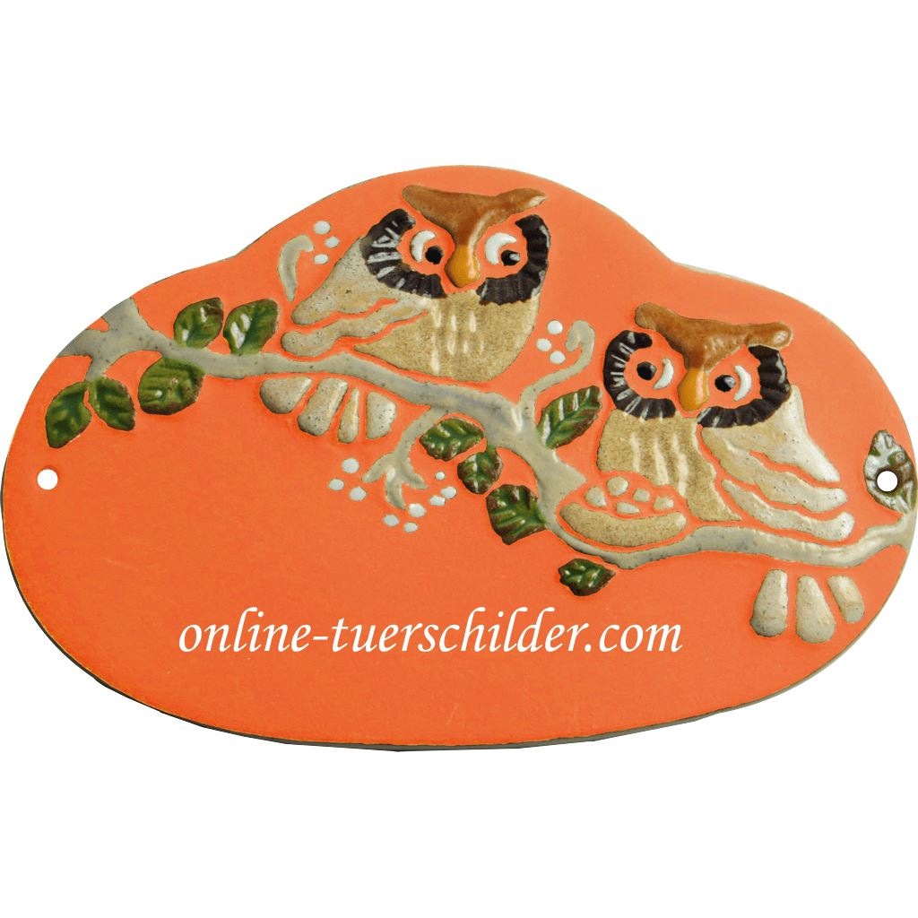 Türschild aus Keramik Nest und zwei Eulen personalisiert Keramikschild Terracotta