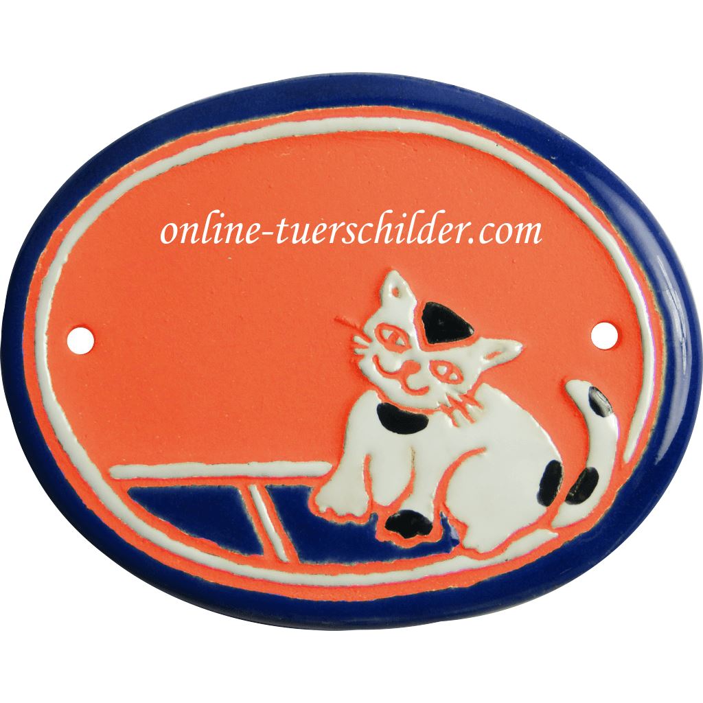Türschild aus Keramik Weisse Katze personalisiert Terracotta