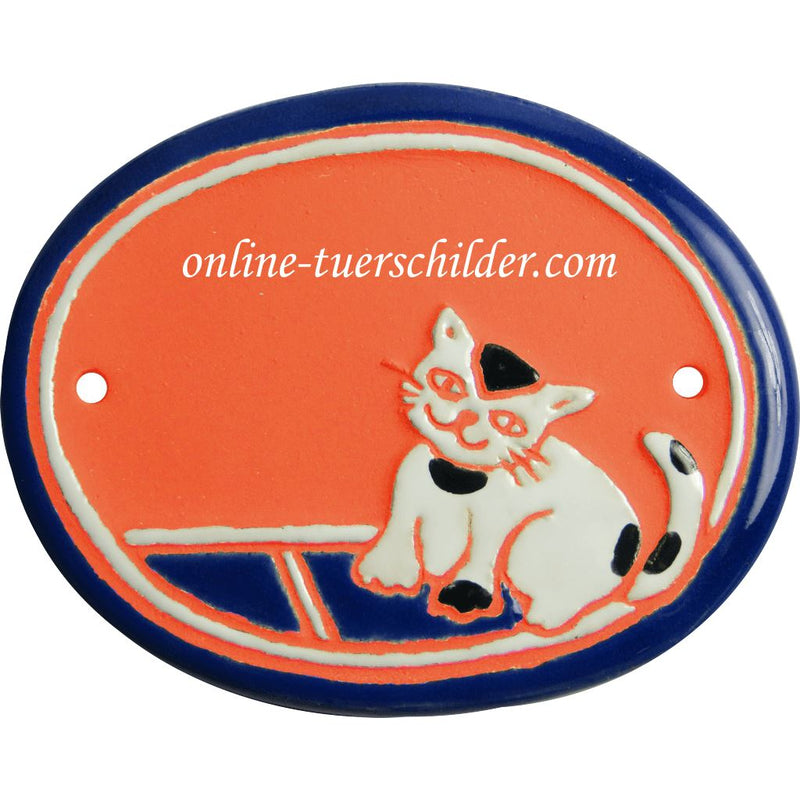 Türschild aus Keramik Weisse Katze personalisiert  Terracotta 