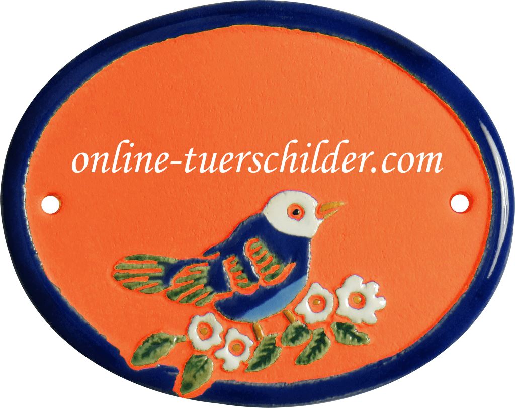 Türschild aus Keramik Vogel auf Ast personalisiert Keramikschild online-tuerschilder.com Terracotta