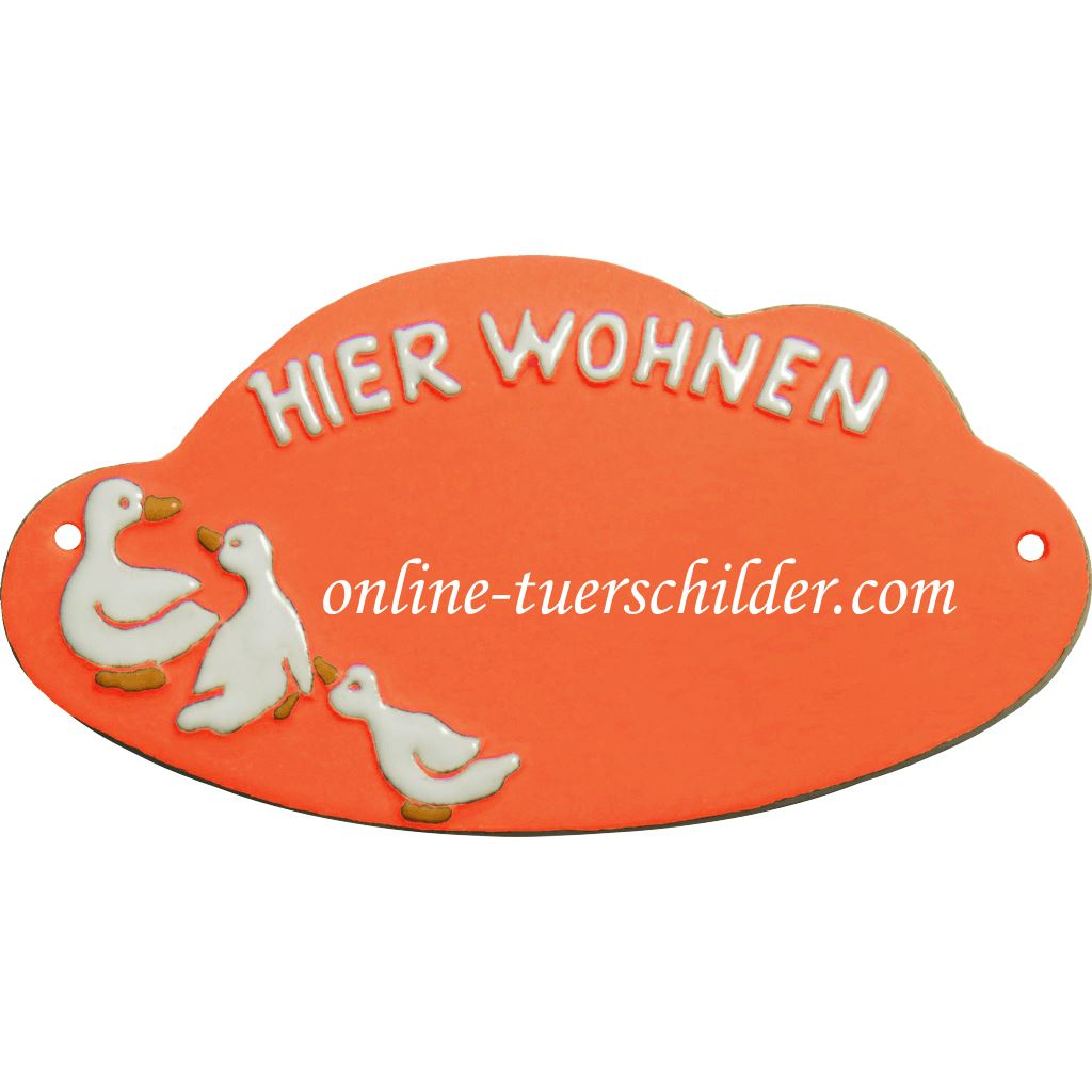 Türschild aus Keramik Drei Gänse und Hier Wohnen personalisiert Terracotta