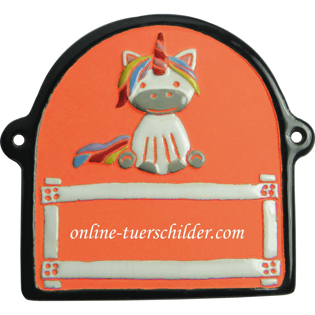 Türschild aus Keramik Einhorn, schwarzer Rand personalisiert Türschild Keramik Einhorn - Terracotta