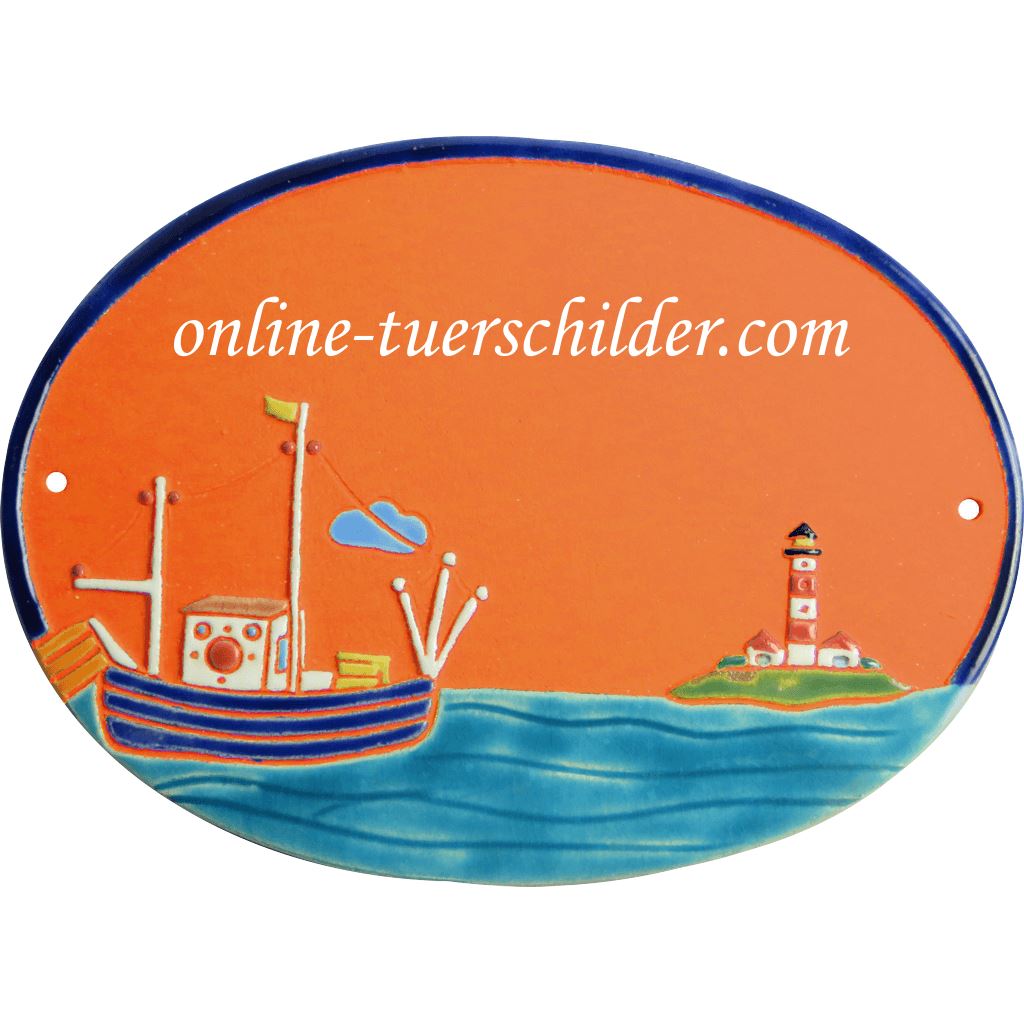Türschild aus Keramik Fischkutter und Leuchtturm personalisiert online-tuerschilder.com Terracotta