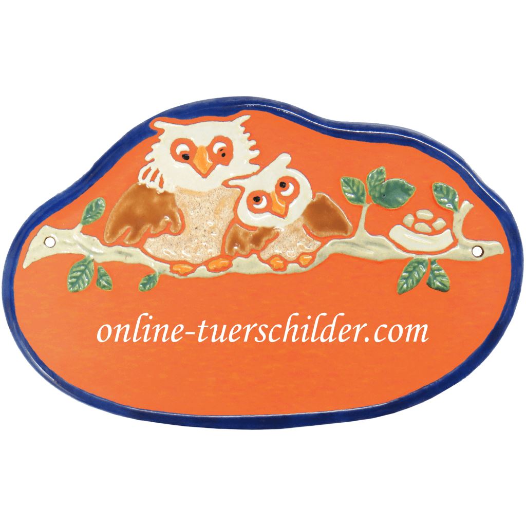 Türschild aus Keramik Nest und zwei Eulen auf Ast personalisiert Keramikschild Terracotta