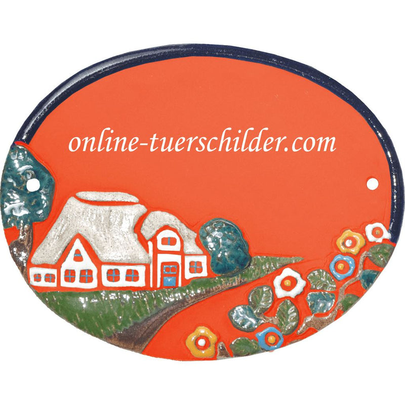 Türschild aus Keramik Reetdachhaus mit Bäumen personalisiert Keramikschild  Terracotta 