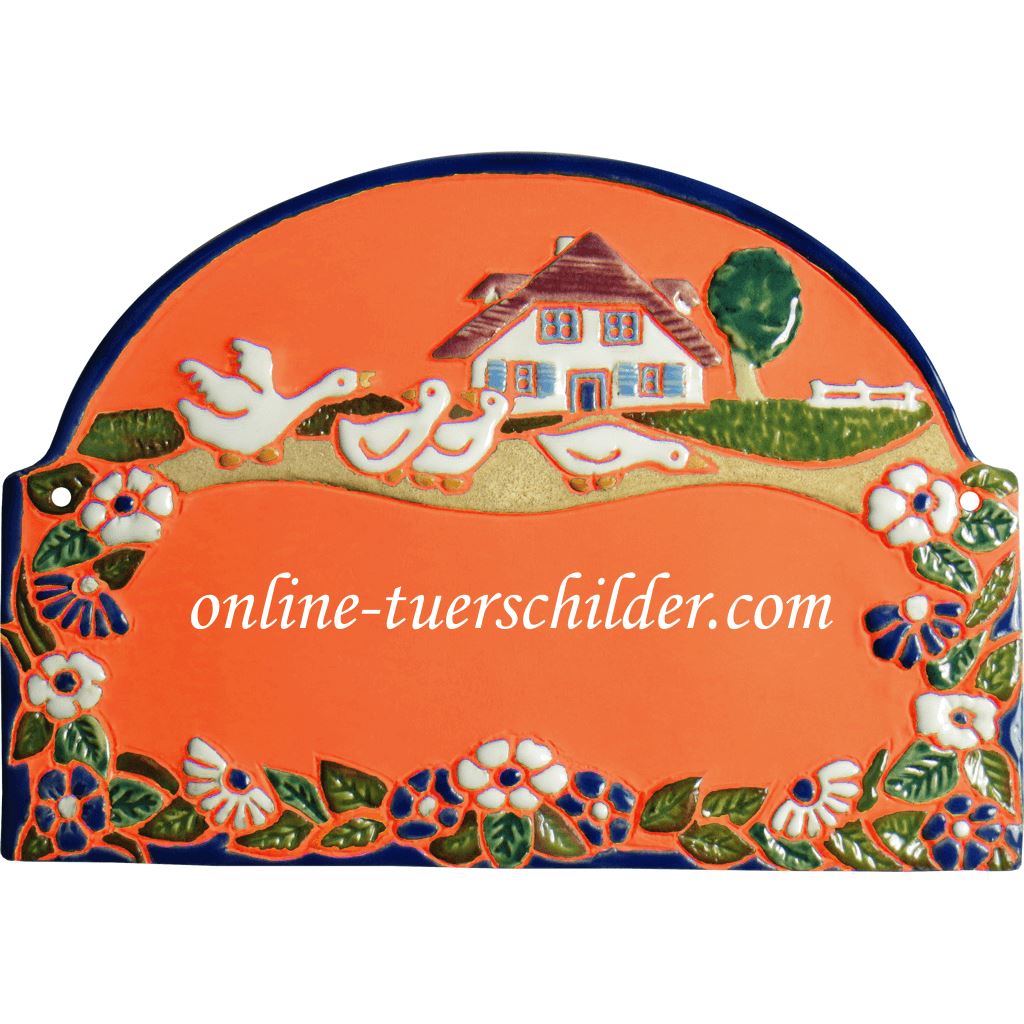 Türschild aus Keramik Vier Gänse vor einem Haus personalisiert Keramikschild Terracotta