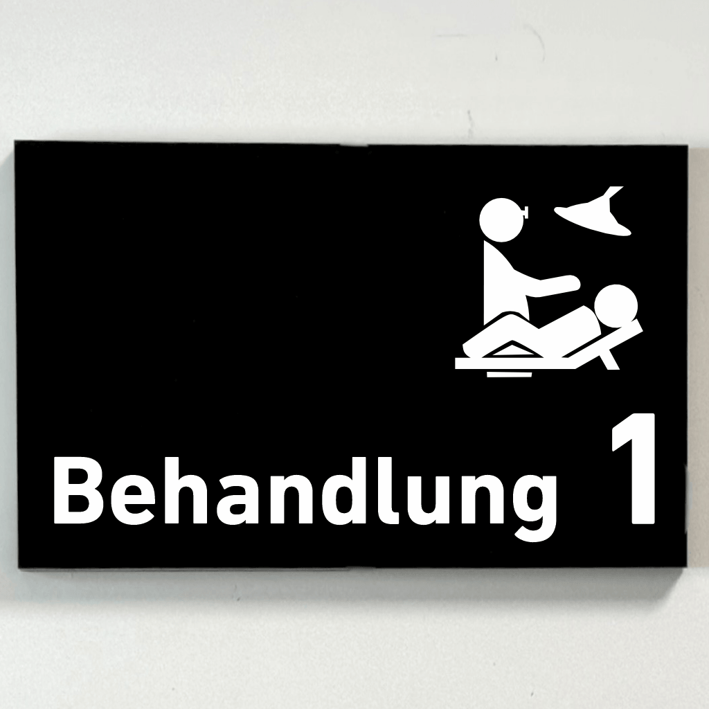 Behandlung 1-9 mit Piktogramm Praxisschild Acrylglas-Folienaufkleber in 130 x 200 mm zum Kleben