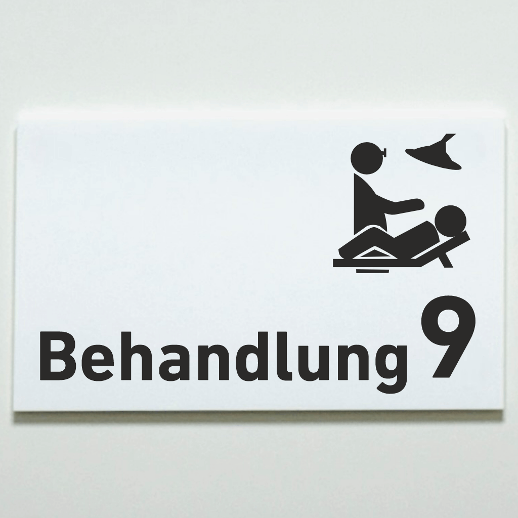 Behandlung 1-9 mit Piktogramm Praxisschild Acrylglas-Folienaufkleber in 130 x 200 mm zum Kleben