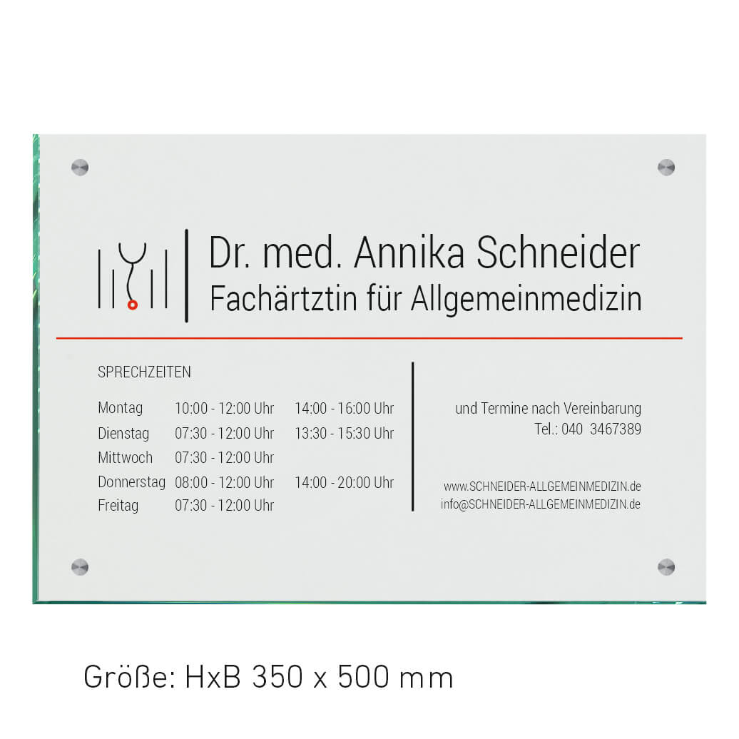 Praxisschilder Hausarzt für Außen in vielen Größen - aus 8 mm Glas mit 4 Haltern