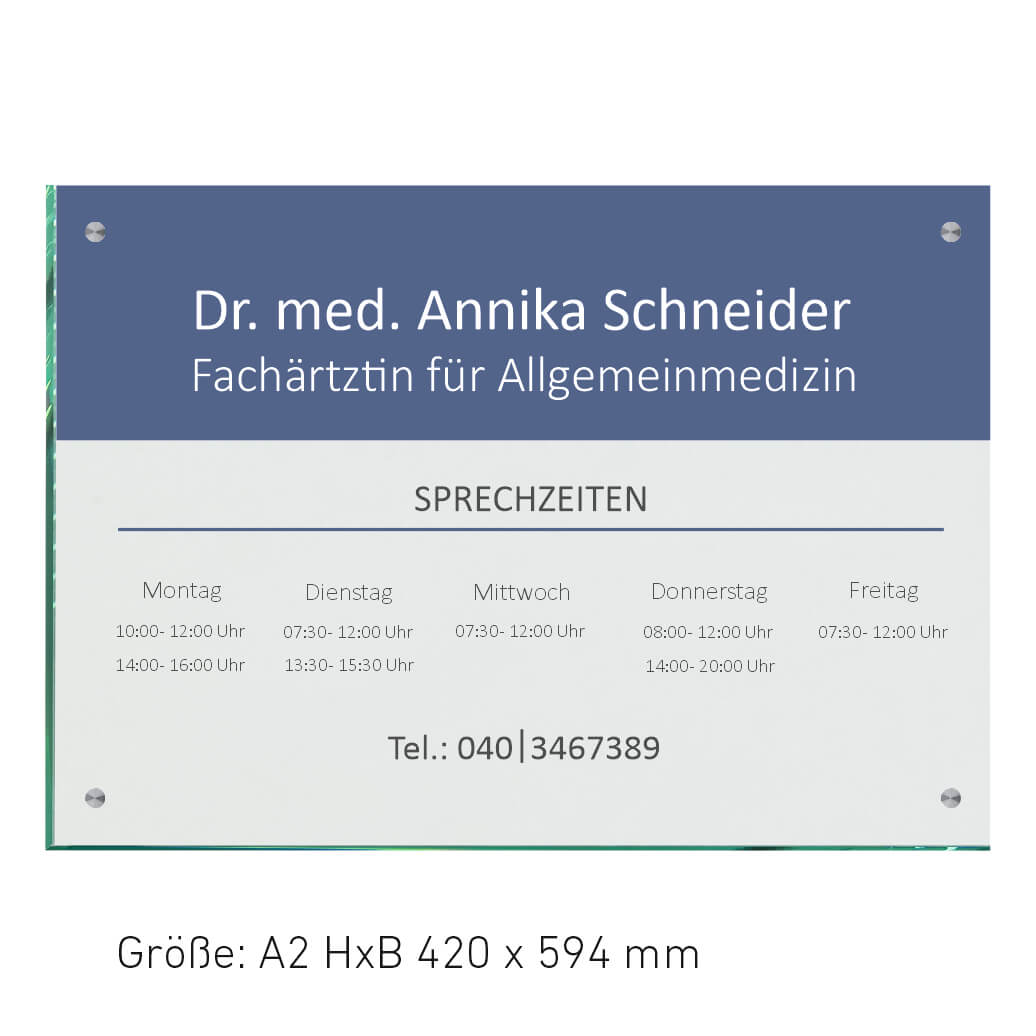 Praxisschilder Hausarzt für Außen in vielen Größen - aus 8 mm Glas mit 4 Haltern