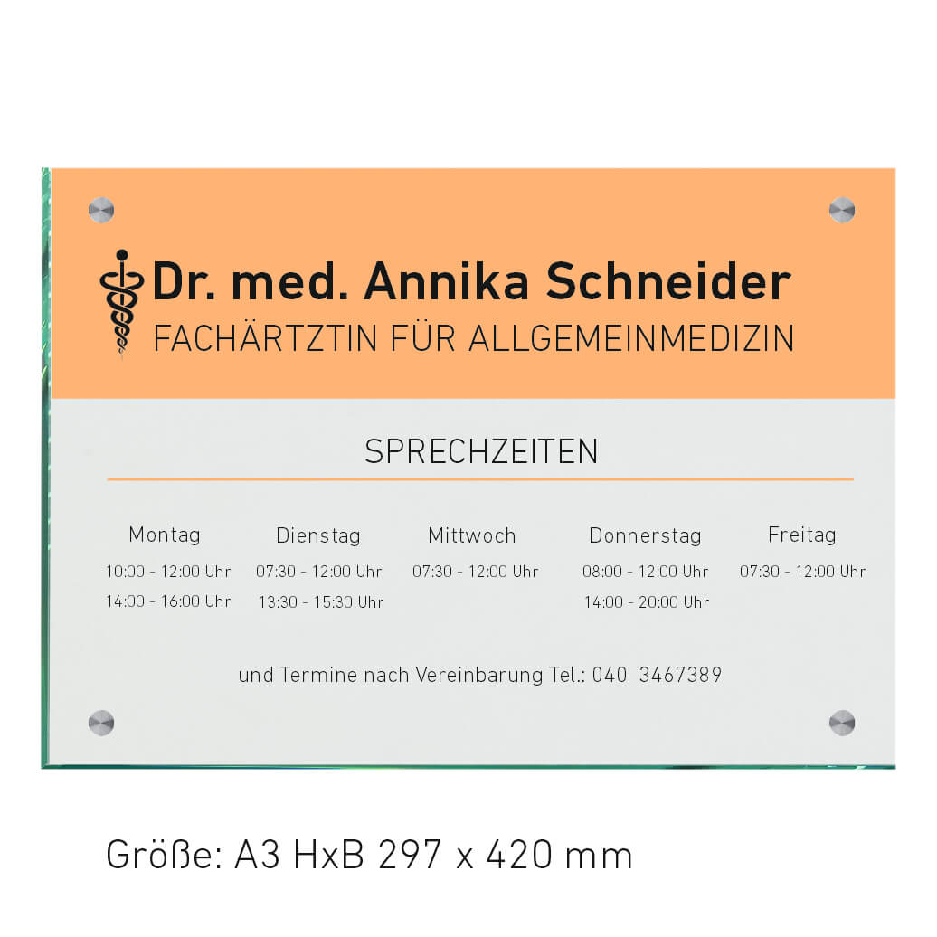 Praxisschilder Hausarzt für Außen in vielen Größen - aus 8 mm Glas mit 4 Haltern