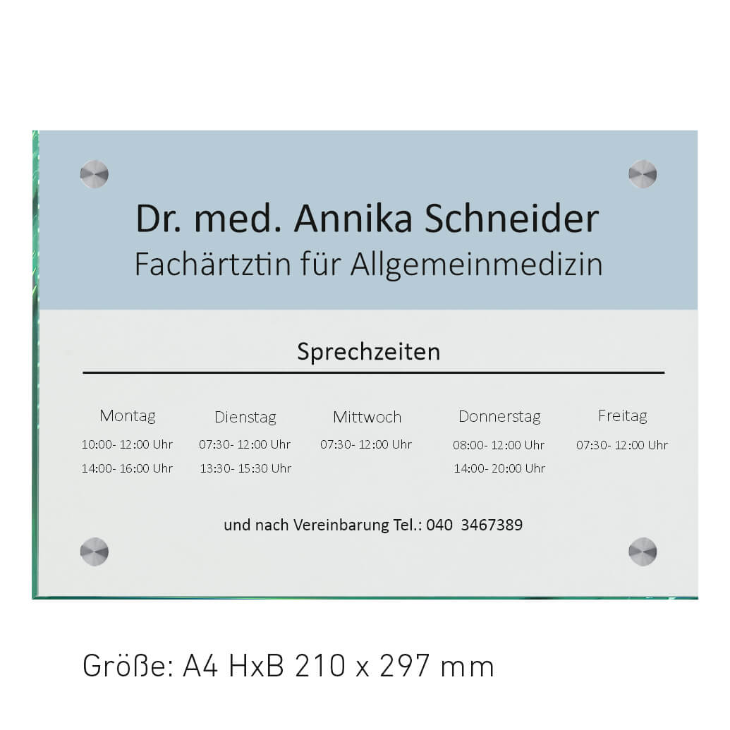 Praxisschilder Hausarzt für Außen in vielen Größen - aus 8 mm Glas mit 4 Haltern