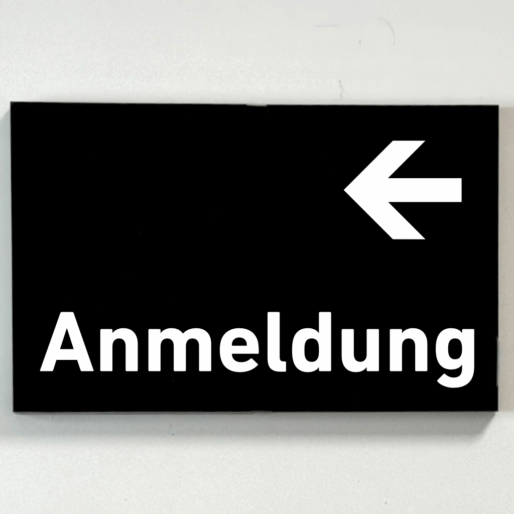 Schilder aus Acrylglas / Folienaufkleber Anmeldung Pfeil links  in 130 x 200 mm zum Kleben