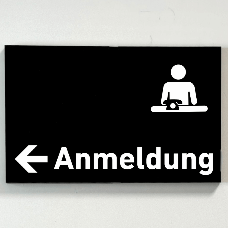 Praxisschild Acrylglas / Folienaufkleber Anmeldung Pfeil links zum Kleben