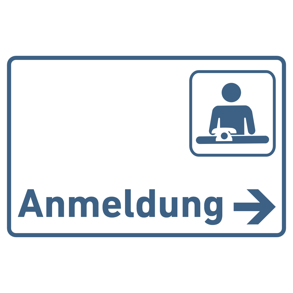 Schilder für Ihre Praxis Acrylglas / Folienaufkleber Anmeldung Pfeil rechts  in 130 x 200 mm zum Kleben