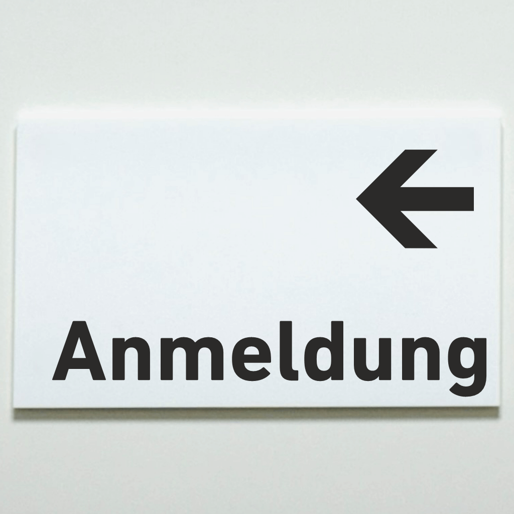 Schilder aus Acrylglas / Folienaufkleber Anmeldung Pfeil links  in 130 x 200 mm zum Kleben