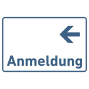 Praxisschild Acrylglas / Folienaufkleber Anmeldung Pfeil links zum Kleben