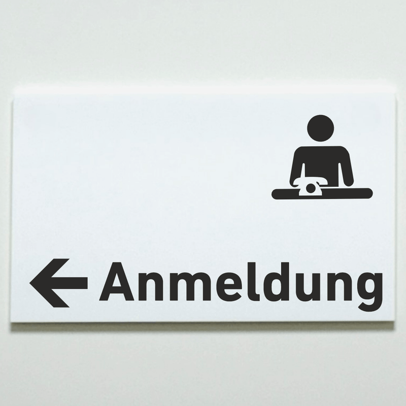 Praxisschild Acrylglas / Folienaufkleber Anmeldung Pfeil links zum Kleben