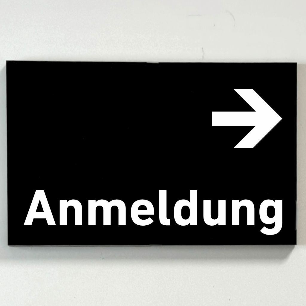 Schilder für Ihre Praxis Acrylglas / Folienaufkleber Anmeldung Pfeil rechts  in 130 x 200 mm zum Kleben