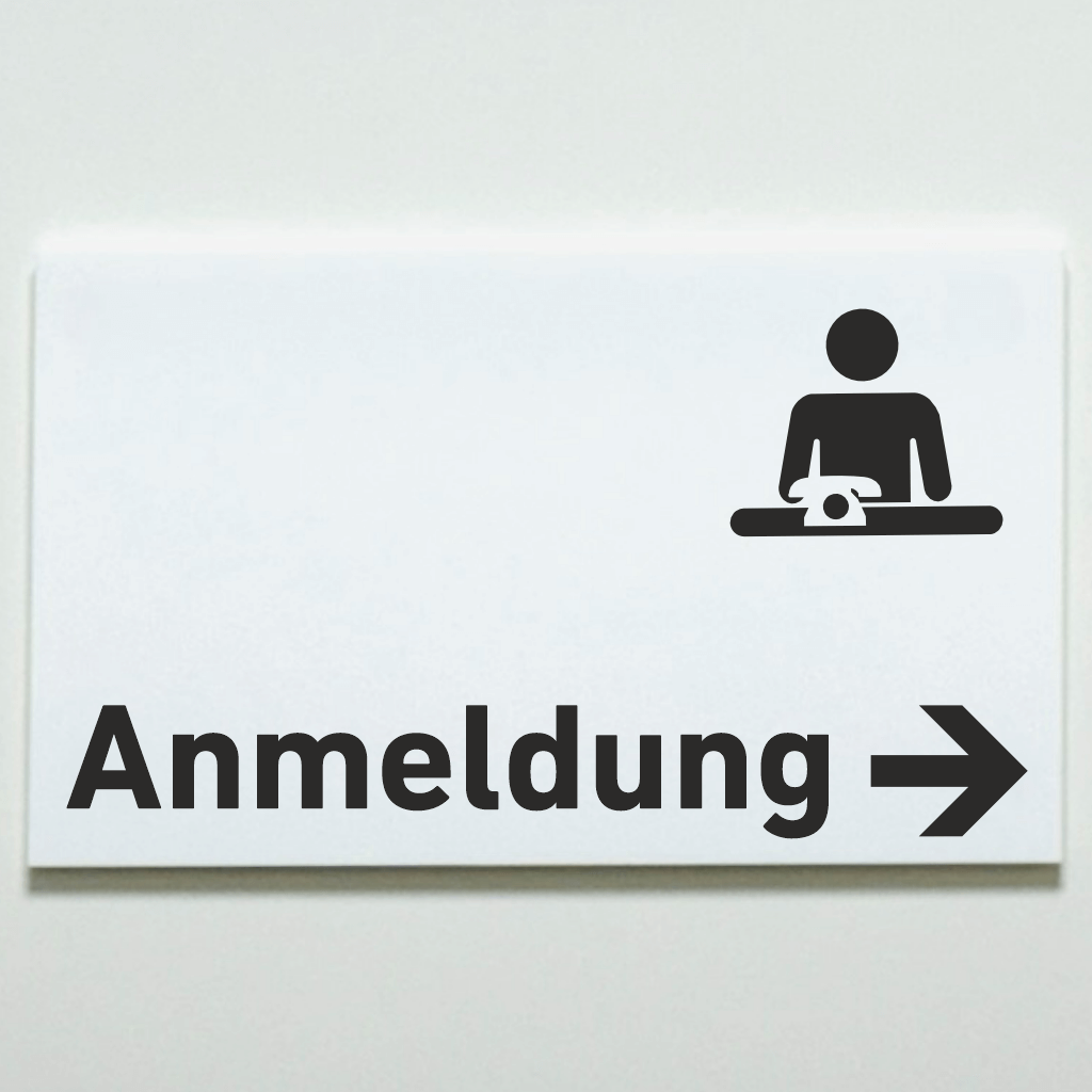 Schilder für Ihre Praxis Acrylglas / Folienaufkleber Anmeldung Pfeil rechts  in 130 x 200 mm zum Kleben