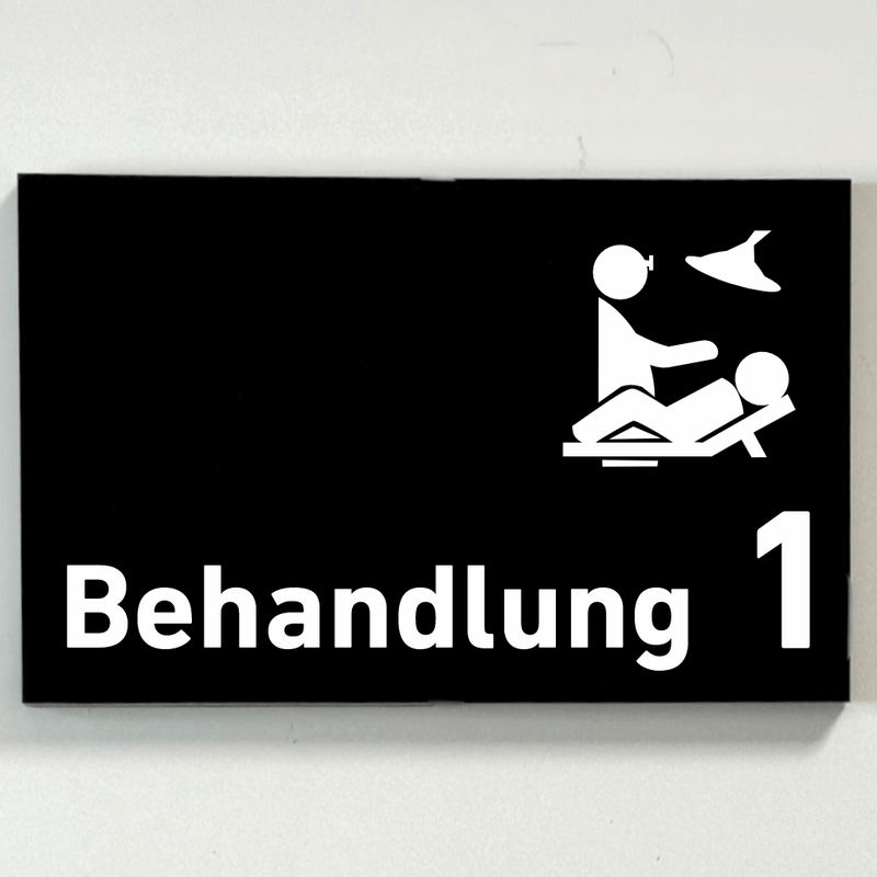 Praxisschild Acrylglas / Folienaufkleber Behandlung 1-9 mit Piktogramm zum Kleben