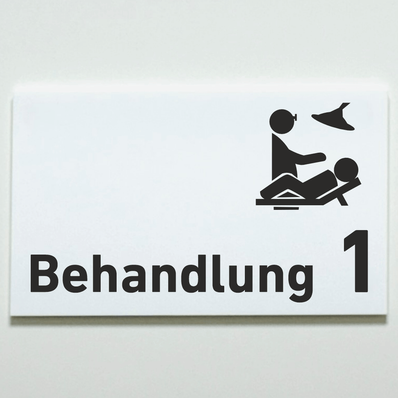 Praxisschild Acrylglas / Folienaufkleber Behandlung 1-9 mit Piktogramm zum Kleben