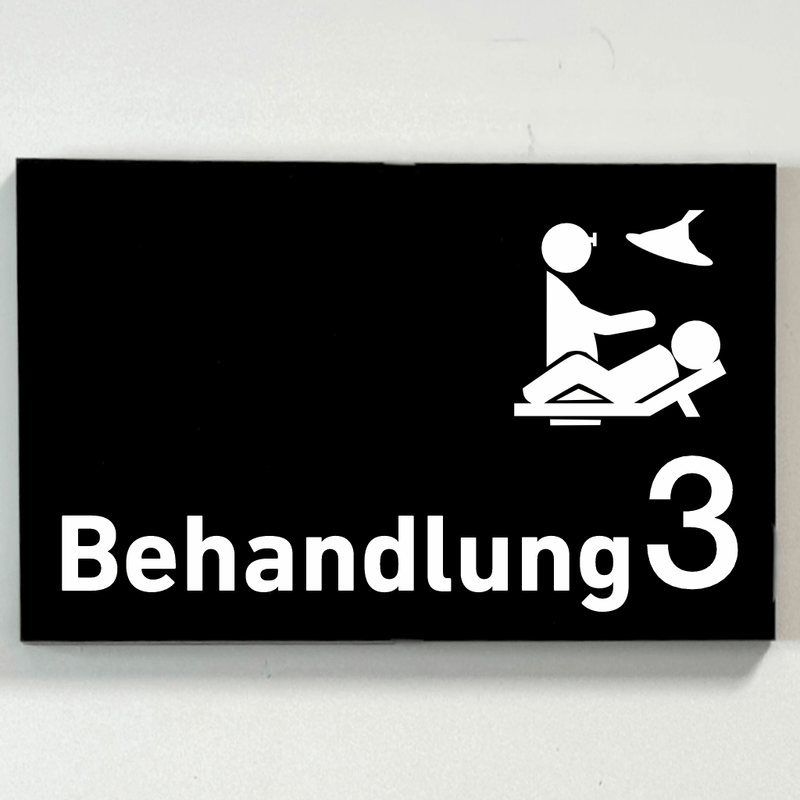 Praxisschild Acrylglas / Folienaufkleber Behandlung 1-9 mit Piktogramm zum Kleben