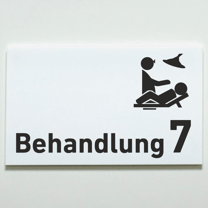 Praxisschild Acrylglas / Folienaufkleber Behandlung 1-9 mit Piktogramm zum Kleben