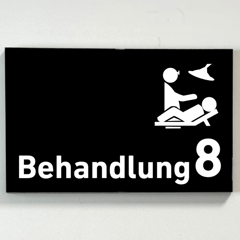 Praxisschild Acrylglas / Folienaufkleber Behandlung 1-9 mit Piktogramm zum Kleben