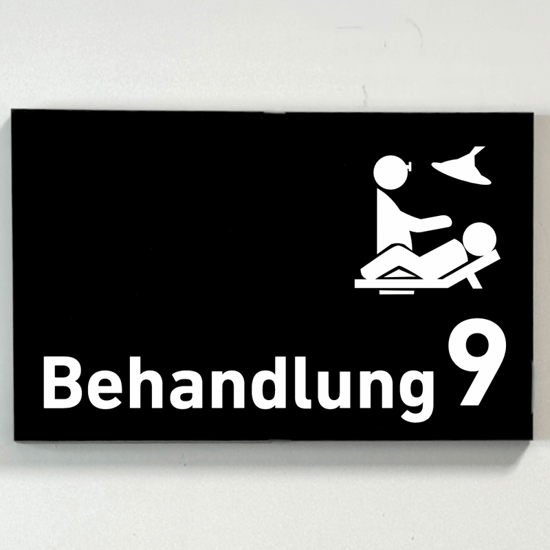 Praxisschild Acrylglas / Folienaufkleber Behandlung 1-9 mit Piktogramm zum Kleben