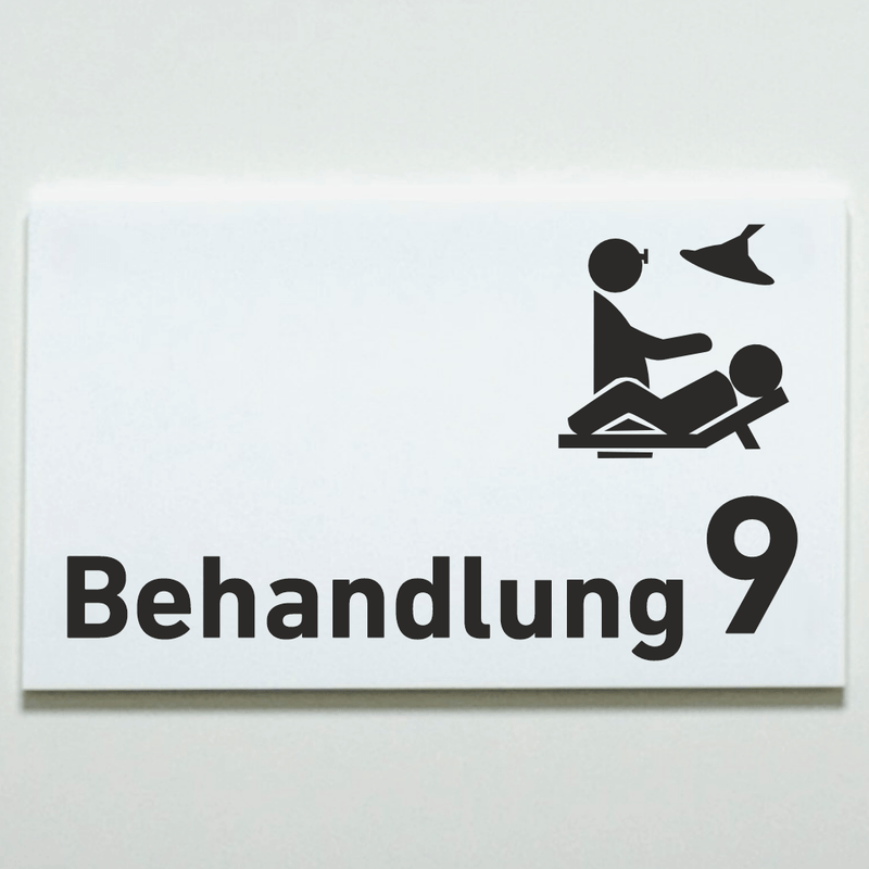Praxisschild Acrylglas / Folienaufkleber Behandlung 1-9 mit Piktogramm zum Kleben