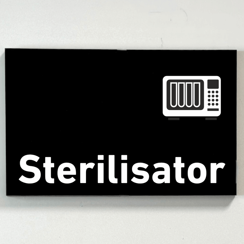 Schild für Ihre Praxis aus Acryl oder Folie Sterilisator zum Kleben