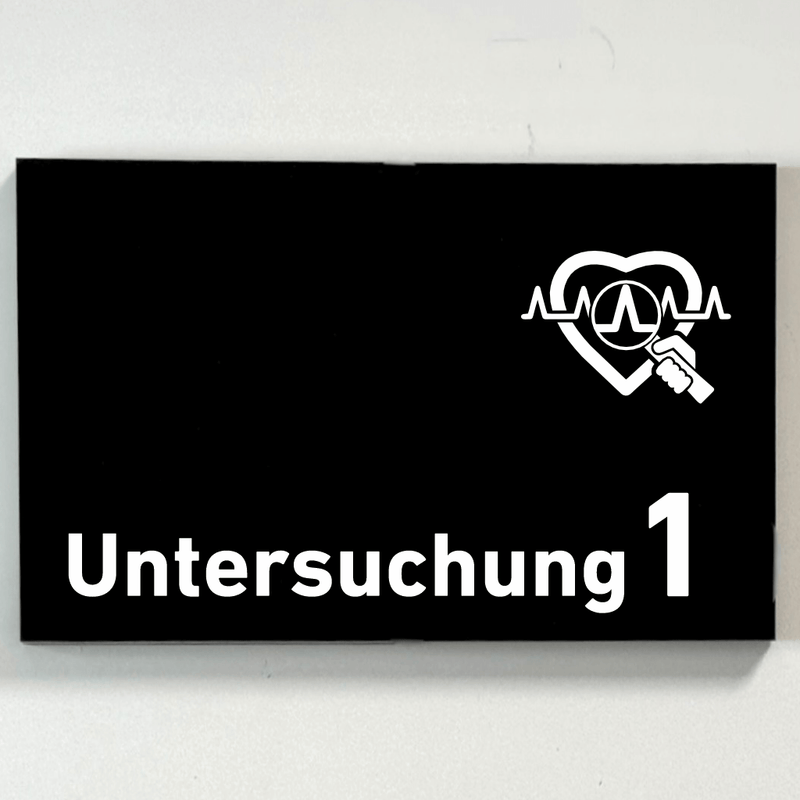 Praxisschild Acrylglas / Folienaufkleber Untersuchung 1-9 mit Piktogramm Arzt zum Kleben