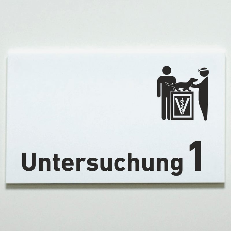 Praxisschild Acrylglas / Folienaufkleber Untersuchung 1-9 mit Piktogramm Tierarzt zum Kleben (Kopie)