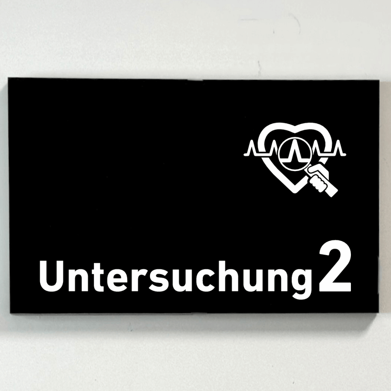 Praxisschild Acrylglas / Folienaufkleber Untersuchung 1-9 mit Piktogramm Arzt zum Kleben