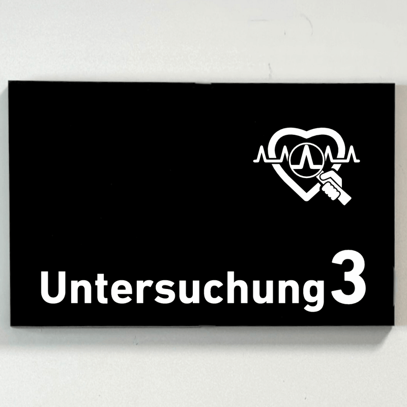 Praxisschild Acrylglas / Folienaufkleber Untersuchung 1-9 mit Piktogramm Arzt zum Kleben