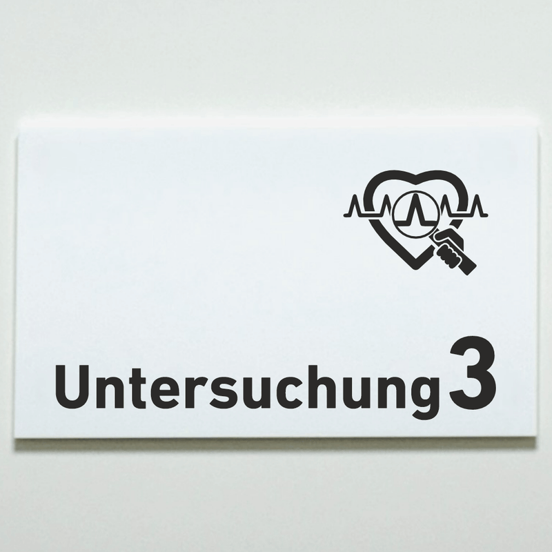 Praxisschild Acrylglas / Folienaufkleber Untersuchung 1-9 mit Piktogramm Arzt zum Kleben