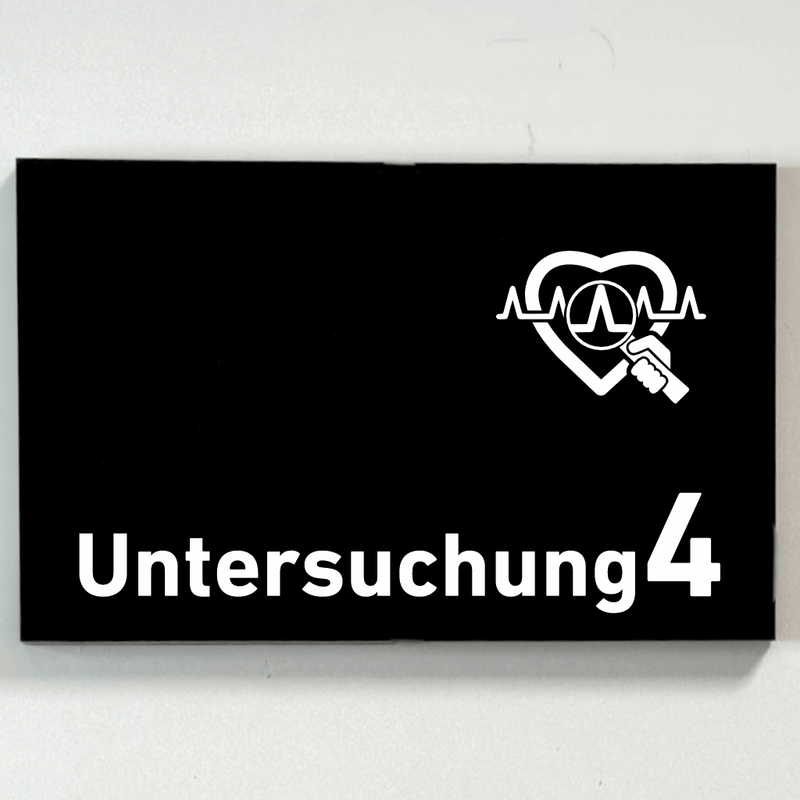 Praxisschild Acrylglas / Folienaufkleber Untersuchung 1-9 mit Piktogramm Arzt zum Kleben