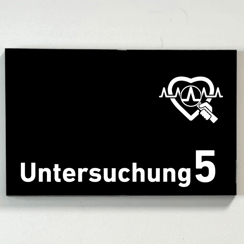 Praxisschild Acrylglas / Folienaufkleber Untersuchung 1-9 mit Piktogramm Arzt zum Kleben