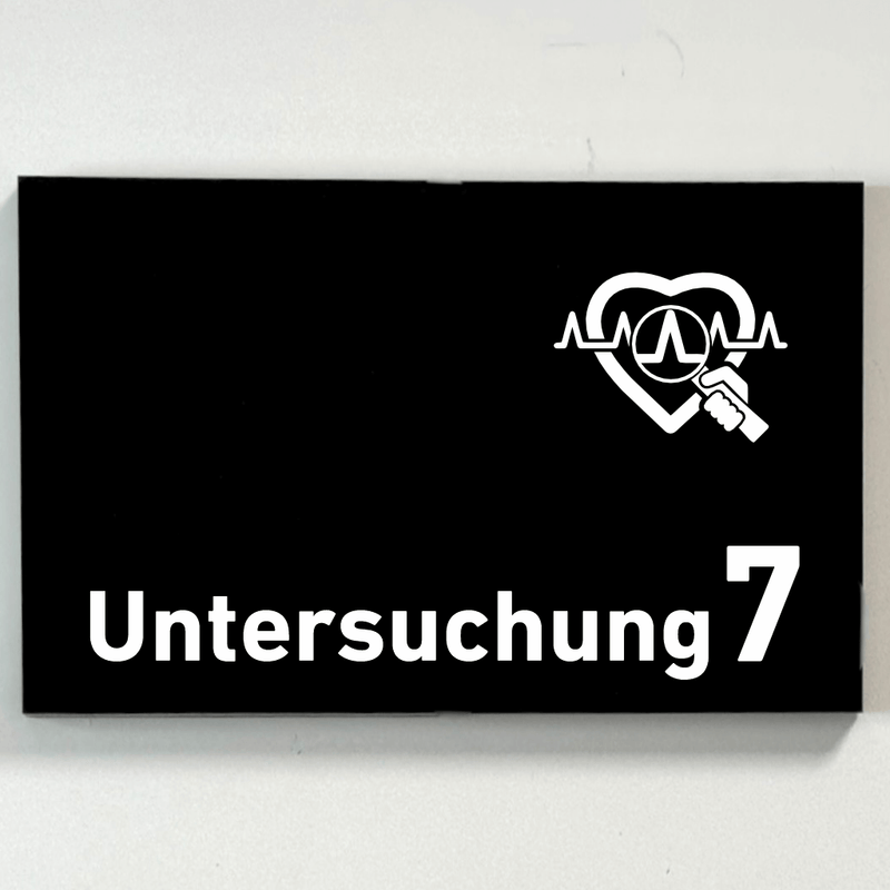 Praxisschild Acrylglas / Folienaufkleber Untersuchung 1-9 mit Piktogramm Arzt zum Kleben