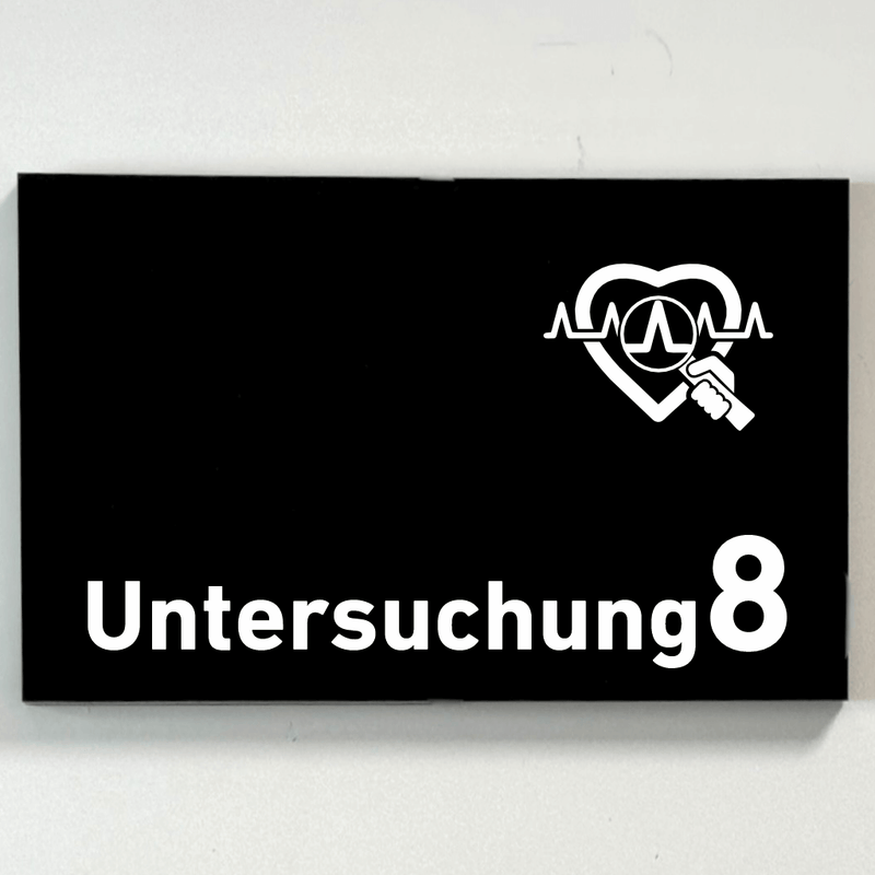 Praxisschild Acrylglas / Folienaufkleber Untersuchung 1-9 mit Piktogramm Arzt zum Kleben