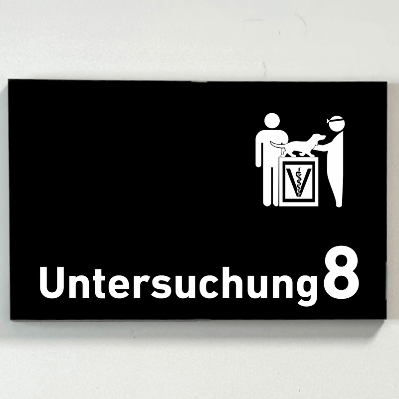 Praxisschild Acrylglas / Folienaufkleber Untersuchung 1-9 mit Piktogramm Tierarzt zum Kleben (Kopie)