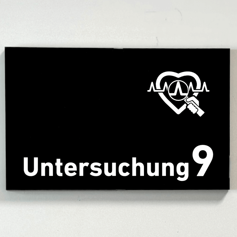 Praxisschild Acrylglas / Folienaufkleber Untersuchung 1-9 mit Piktogramm Arzt zum Kleben