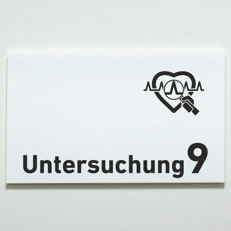 Praxisschild Acrylglas / Folienaufkleber Untersuchung 1-9 mit Piktogramm Arzt zum Kleben