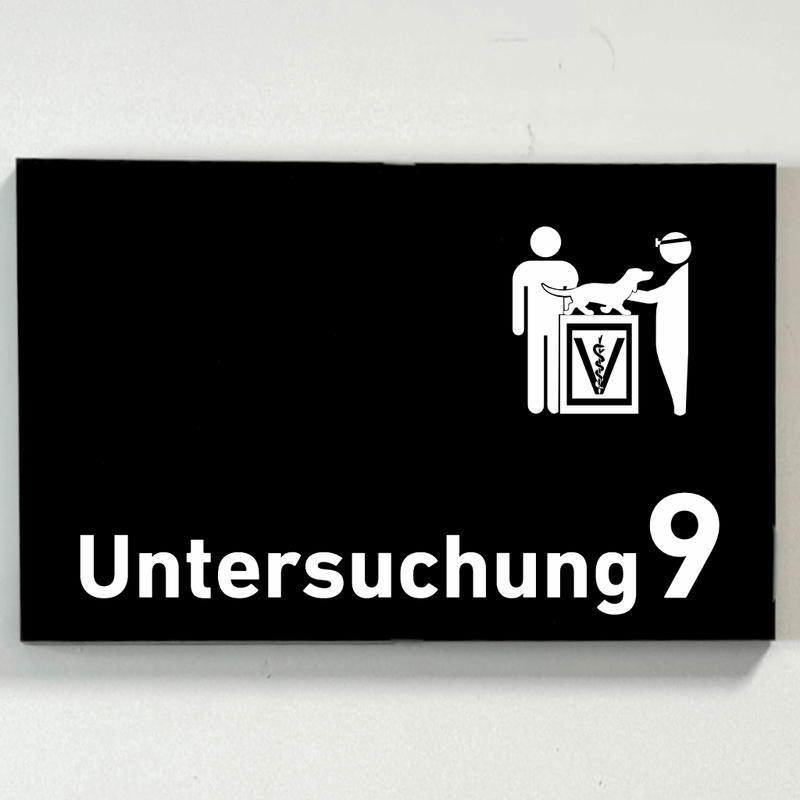 Praxisschild Acrylglas / Folienaufkleber Untersuchung 1-9 mit Piktogramm Tierarzt zum Kleben (Kopie)