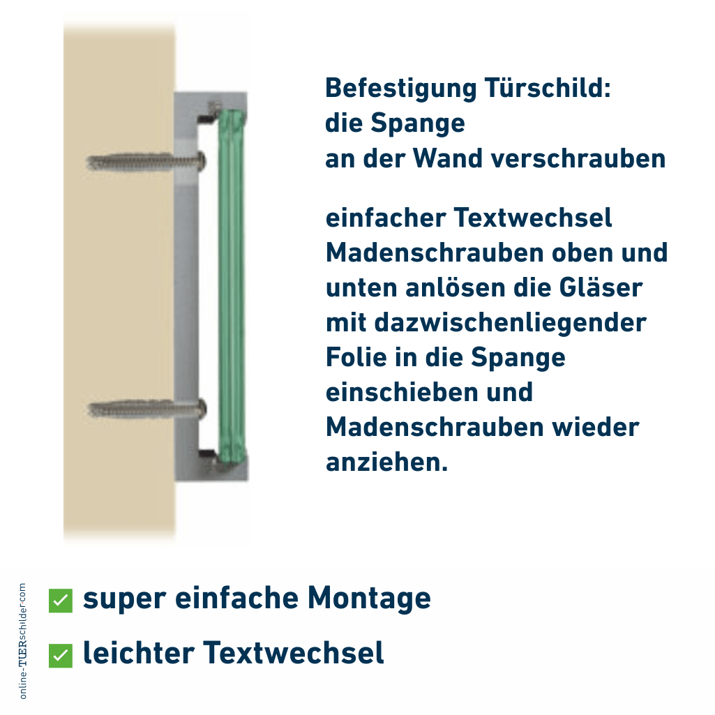 Türschilder  in 9 Größen mit ESG-Scheiben, Aluminium Klemmhalter - Türschild Vollerwiek